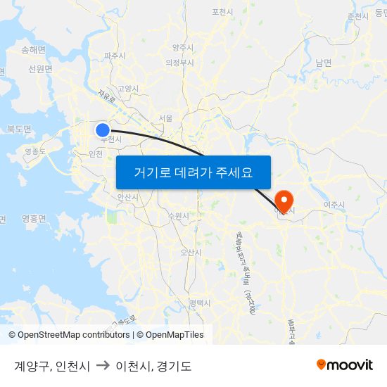 계양구, 인천시 to 이천시, 경기도 map