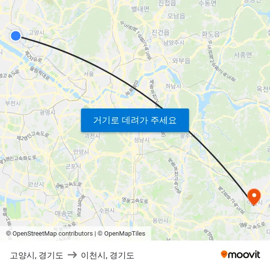 고양시, 경기도 to 이천시, 경기도 map