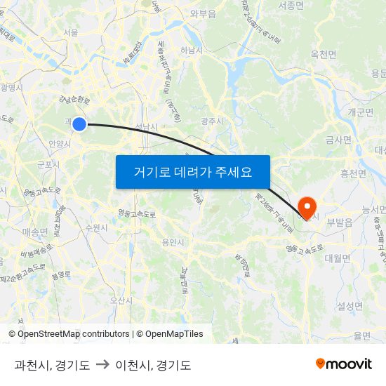 과천시, 경기도 to 이천시, 경기도 map