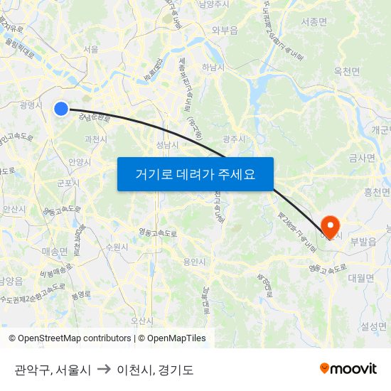 관악구, 서울시 to 이천시, 경기도 map