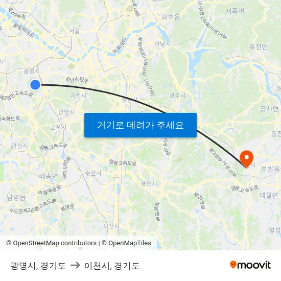 광명시, 경기도 to 이천시, 경기도 map