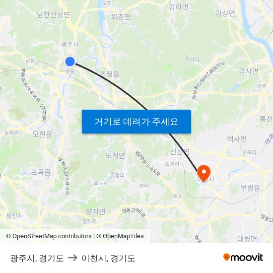 광주시, 경기도 to 이천시, 경기도 map