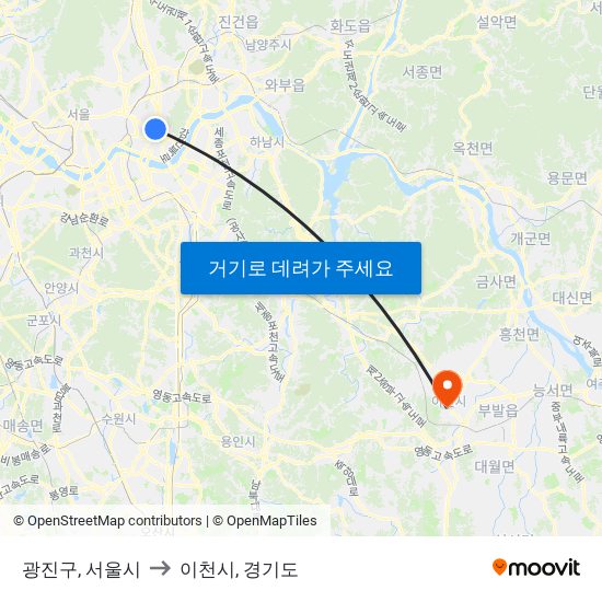 광진구, 서울시 to 이천시, 경기도 map