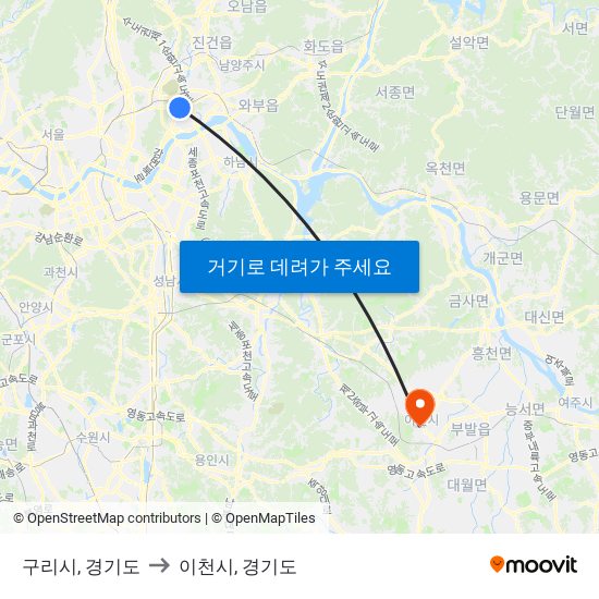 구리시, 경기도 to 이천시, 경기도 map