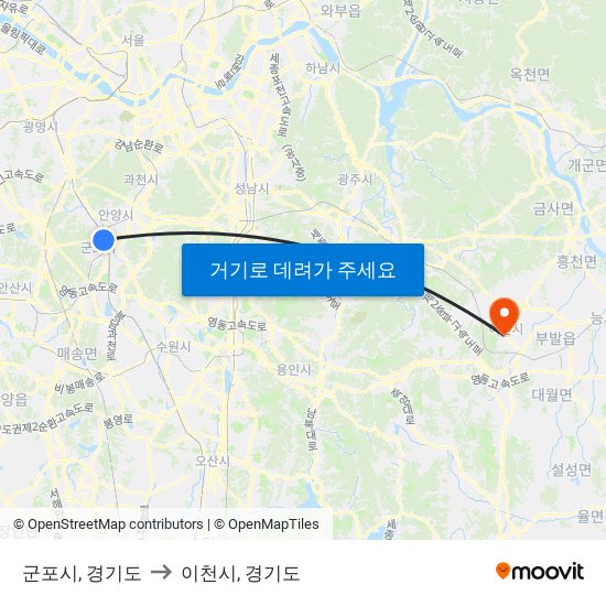 군포시, 경기도 to 이천시, 경기도 map