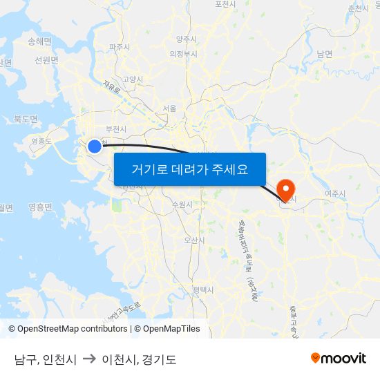 남구, 인천시 to 이천시, 경기도 map