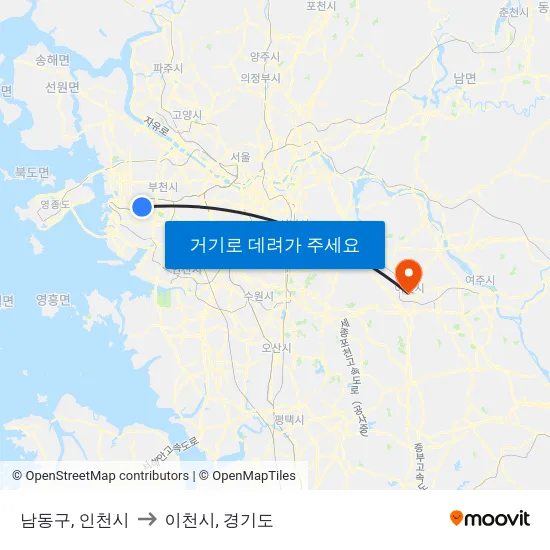 남동구, 인천시 to 이천시, 경기도 map