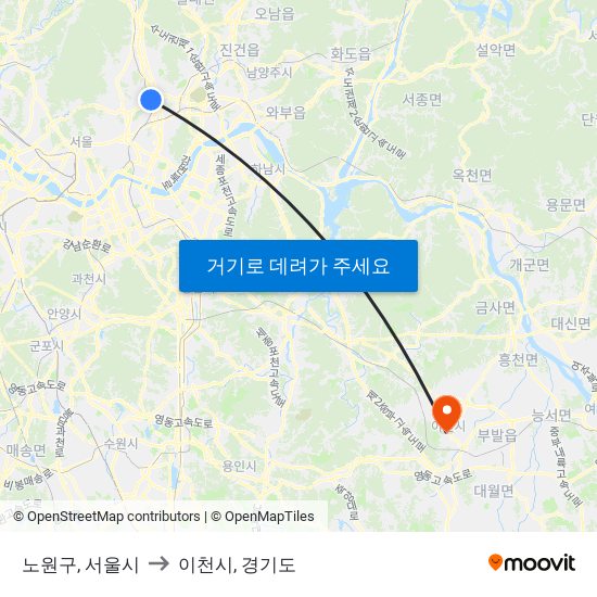 노원구, 서울시 to 이천시, 경기도 map