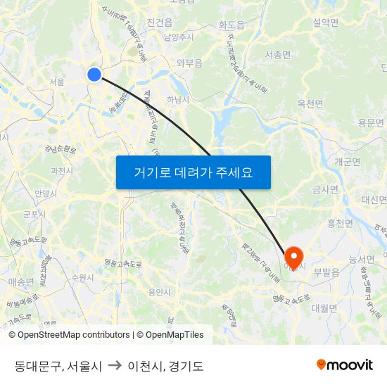 동대문구, 서울시 to 이천시, 경기도 map