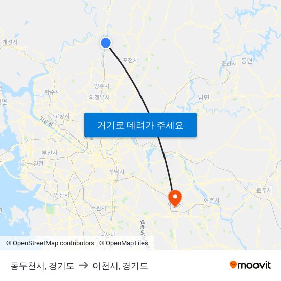 동두천시, 경기도 to 이천시, 경기도 map