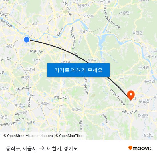 동작구, 서울시 to 이천시, 경기도 map