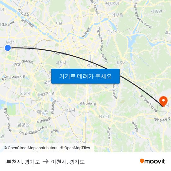 부천시, 경기도 to 이천시, 경기도 map