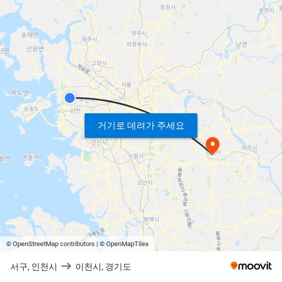 서구, 인천시 to 이천시, 경기도 map