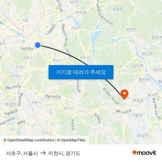 서초구, 서울시 to 이천시, 경기도 map