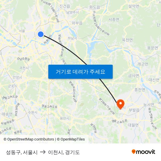 성동구, 서울시 to 이천시, 경기도 map