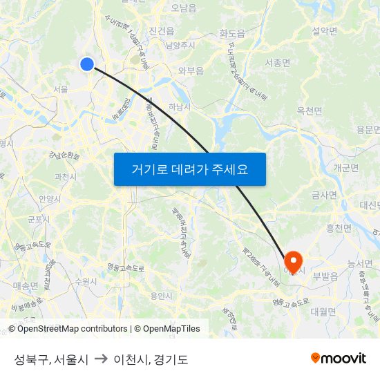 성북구, 서울시 to 이천시, 경기도 map