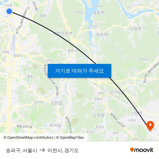 송파구, 서울시 to 이천시, 경기도 map