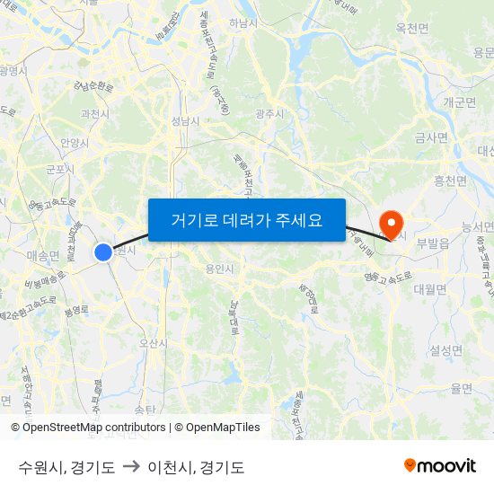 수원시, 경기도 to 이천시, 경기도 map