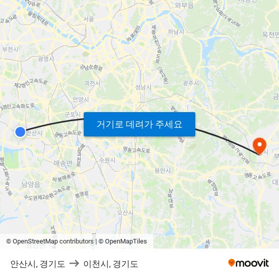 안산시, 경기도 to 이천시, 경기도 map