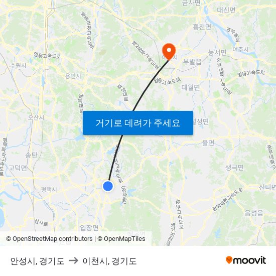 안성시, 경기도 to 이천시, 경기도 map