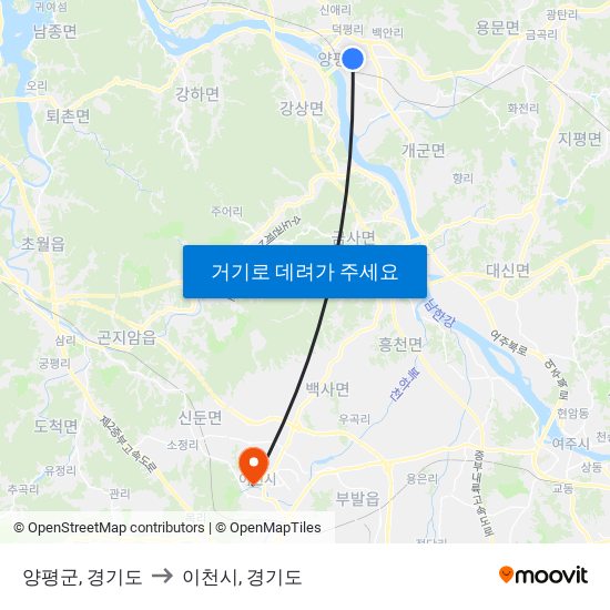 양평군, 경기도 to 이천시, 경기도 map