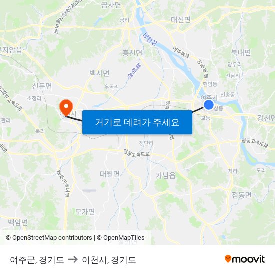 여주군, 경기도 to 이천시, 경기도 map