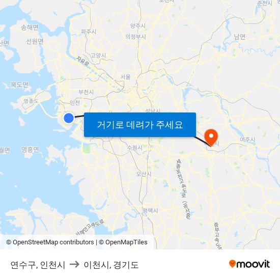 연수구, 인천시 to 이천시, 경기도 map