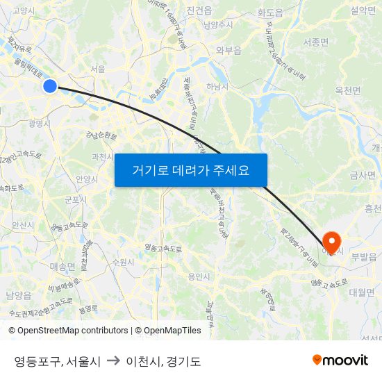 영등포구, 서울시 to 이천시, 경기도 map