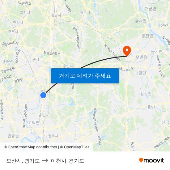 오산시, 경기도 to 이천시, 경기도 map