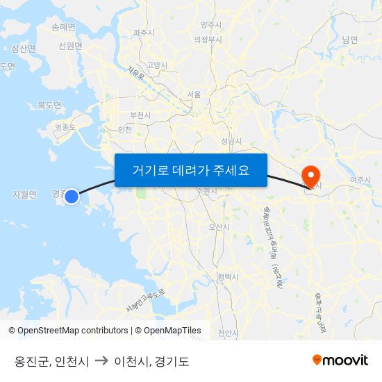 옹진군, 인천시 to 이천시, 경기도 map