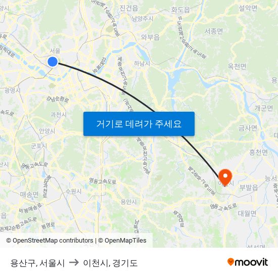 용산구, 서울시 to 이천시, 경기도 map