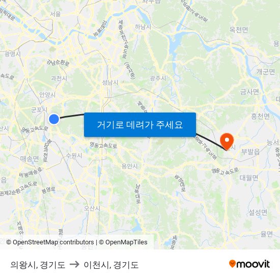 의왕시, 경기도 to 이천시, 경기도 map