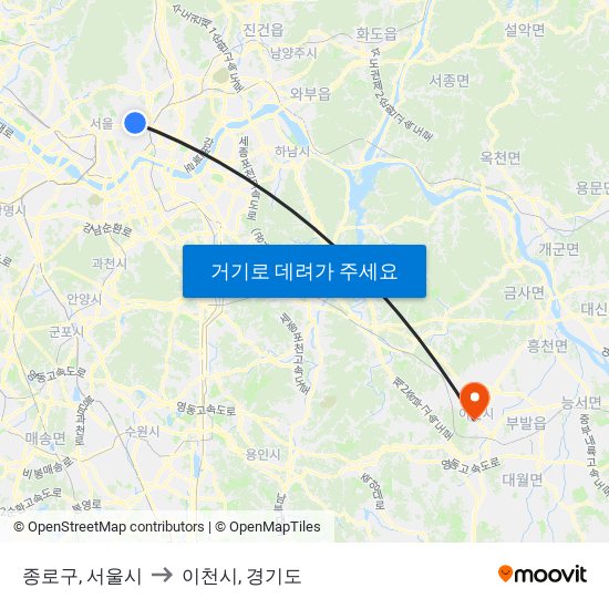 종로구, 서울시 to 이천시, 경기도 map