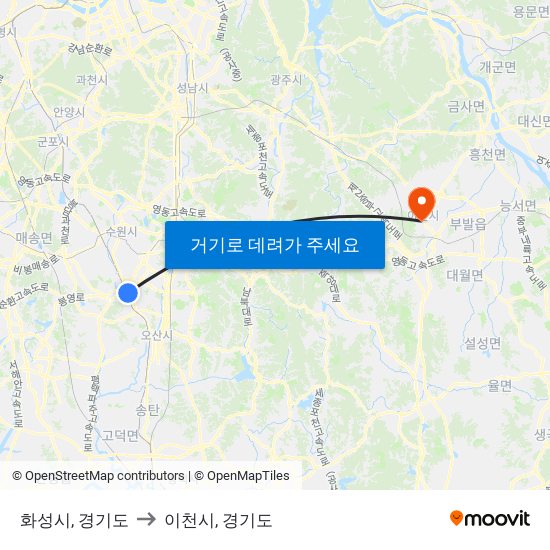 화성시, 경기도 to 이천시, 경기도 map