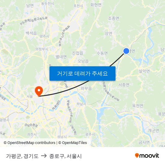 가평군, 경기도 to 종로구, 서울시 map