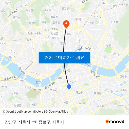 강남구, 서울시 to 종로구, 서울시 map