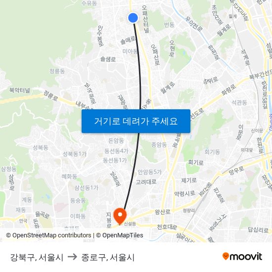 강북구, 서울시 to 종로구, 서울시 map