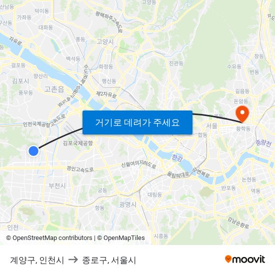 계양구, 인천시 to 종로구, 서울시 map