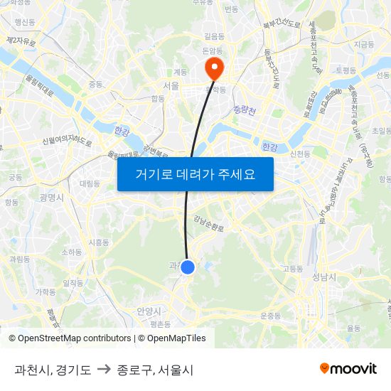 과천시, 경기도 to 종로구, 서울시 map