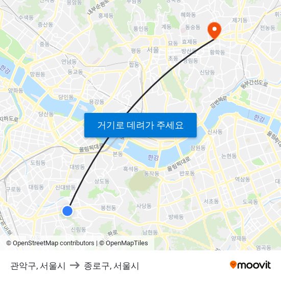 관악구, 서울시 to 종로구, 서울시 map