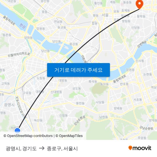 광명시, 경기도 to 종로구, 서울시 map