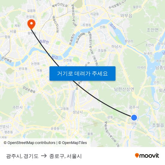 광주시, 경기도 to 종로구, 서울시 map