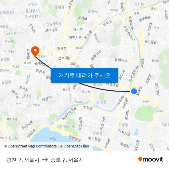 광진구, 서울시 to 종로구, 서울시 map