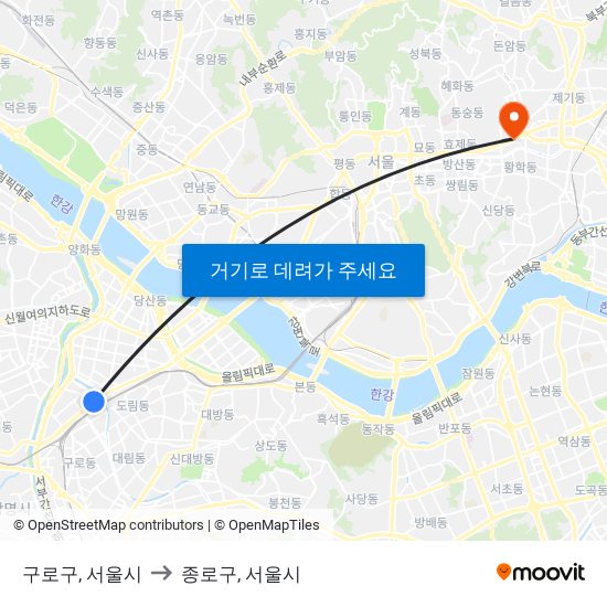구로구, 서울시 to 종로구, 서울시 map