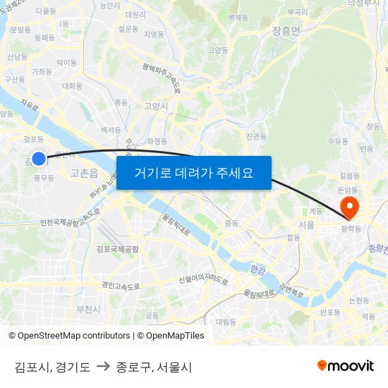 김포시, 경기도 to 종로구, 서울시 map