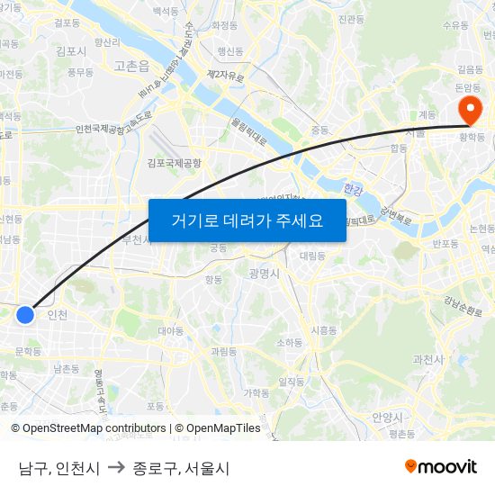 남구, 인천시 to 종로구, 서울시 map