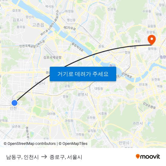 남동구, 인천시 to 종로구, 서울시 map