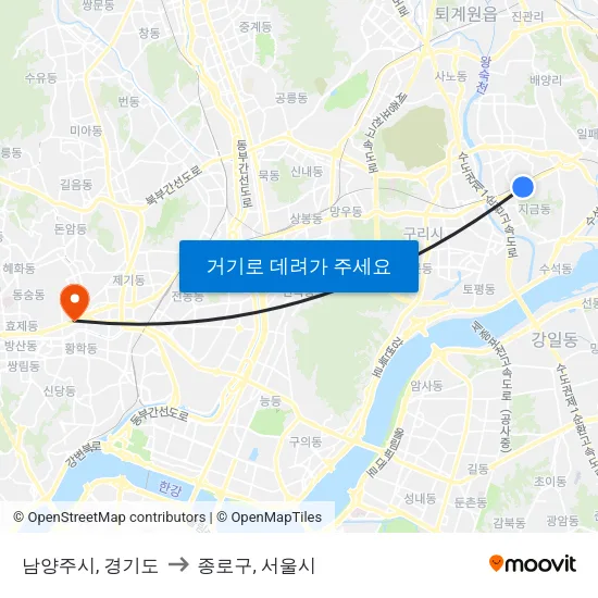 남양주시, 경기도 to 종로구, 서울시 map