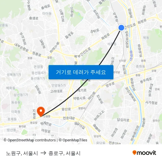 노원구, 서울시 to 종로구, 서울시 map