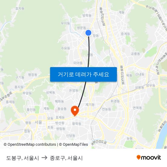 도봉구, 서울시 to 종로구, 서울시 map